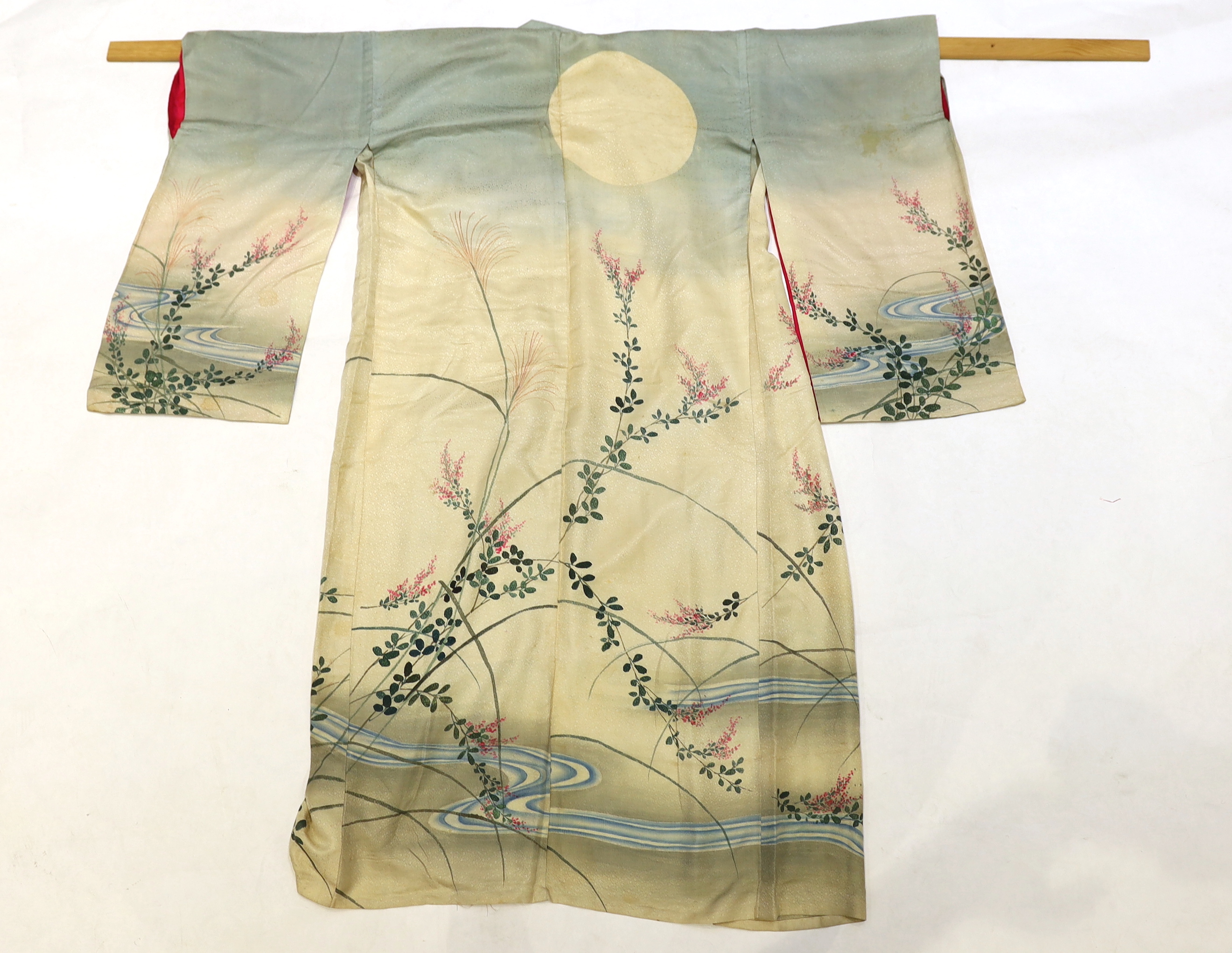 A1920’s Japanese silk ladies kimono, hand painted with blossom, rivers and the moon